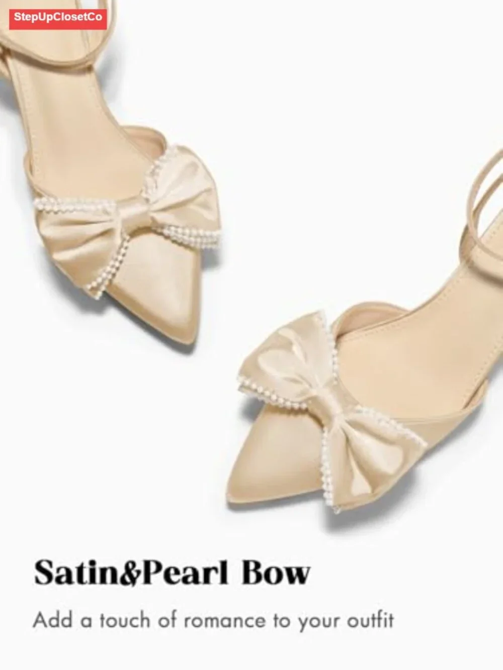 Women's Satin Kitten Heels Bow Pearl Closed Toe Pointed Pumps Wedding Shoes